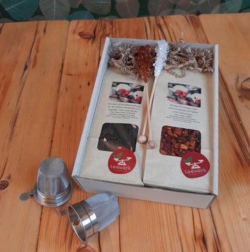 Teegeschenk mit 2 x Weihnachtstee, Kandissticks, Teefilter