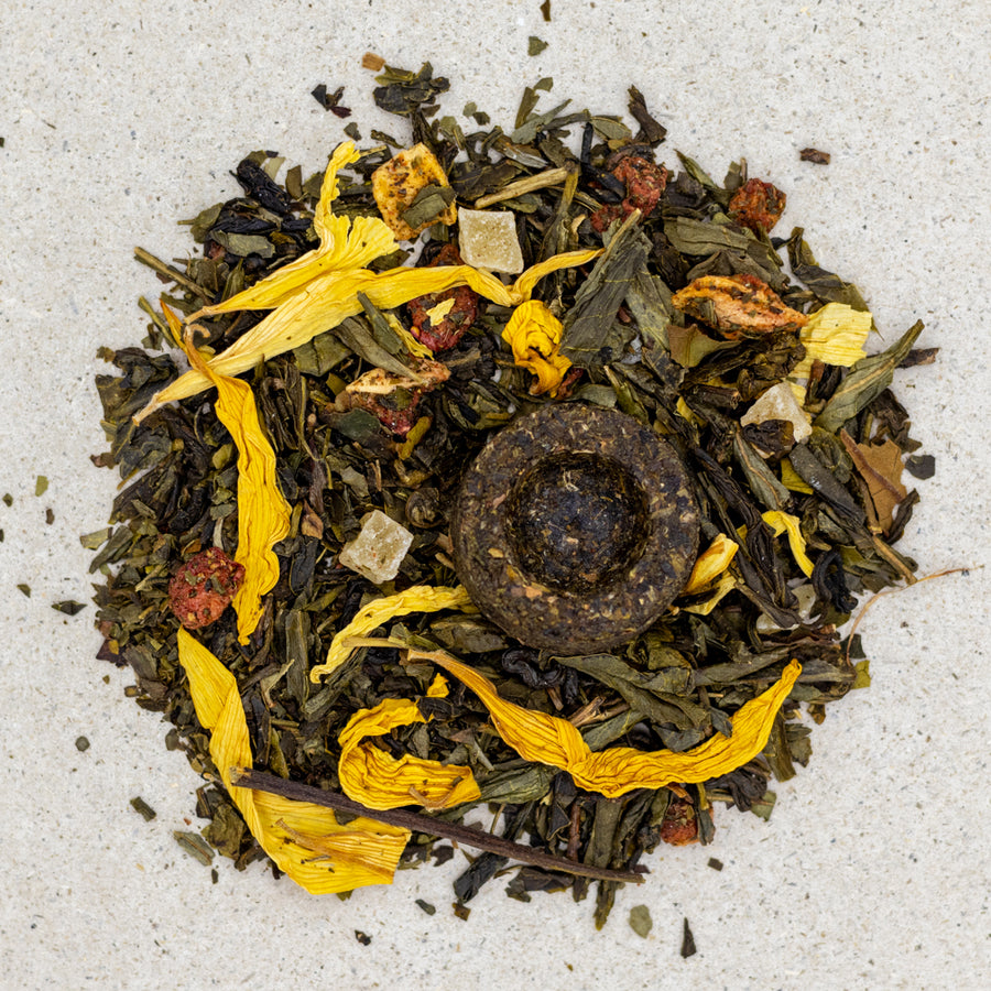 Grüntee 8 Schätze des Shaolin mit weissem Tee und Fruchtstücken