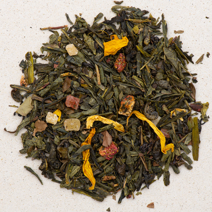 Grüntee 8 Schätze des Shaolin mit weissem Tee und Fruchtstücken von ... Grüntee 8 Schätze des Shaolin mit weissem Tee und Fruchtstücken von ...